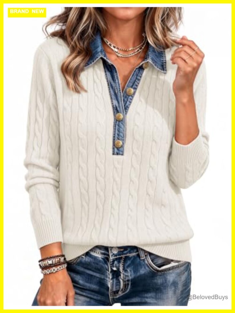 Cable Knit V-Neck Pullover Sweater Long Sleeve Gold-Tone Button